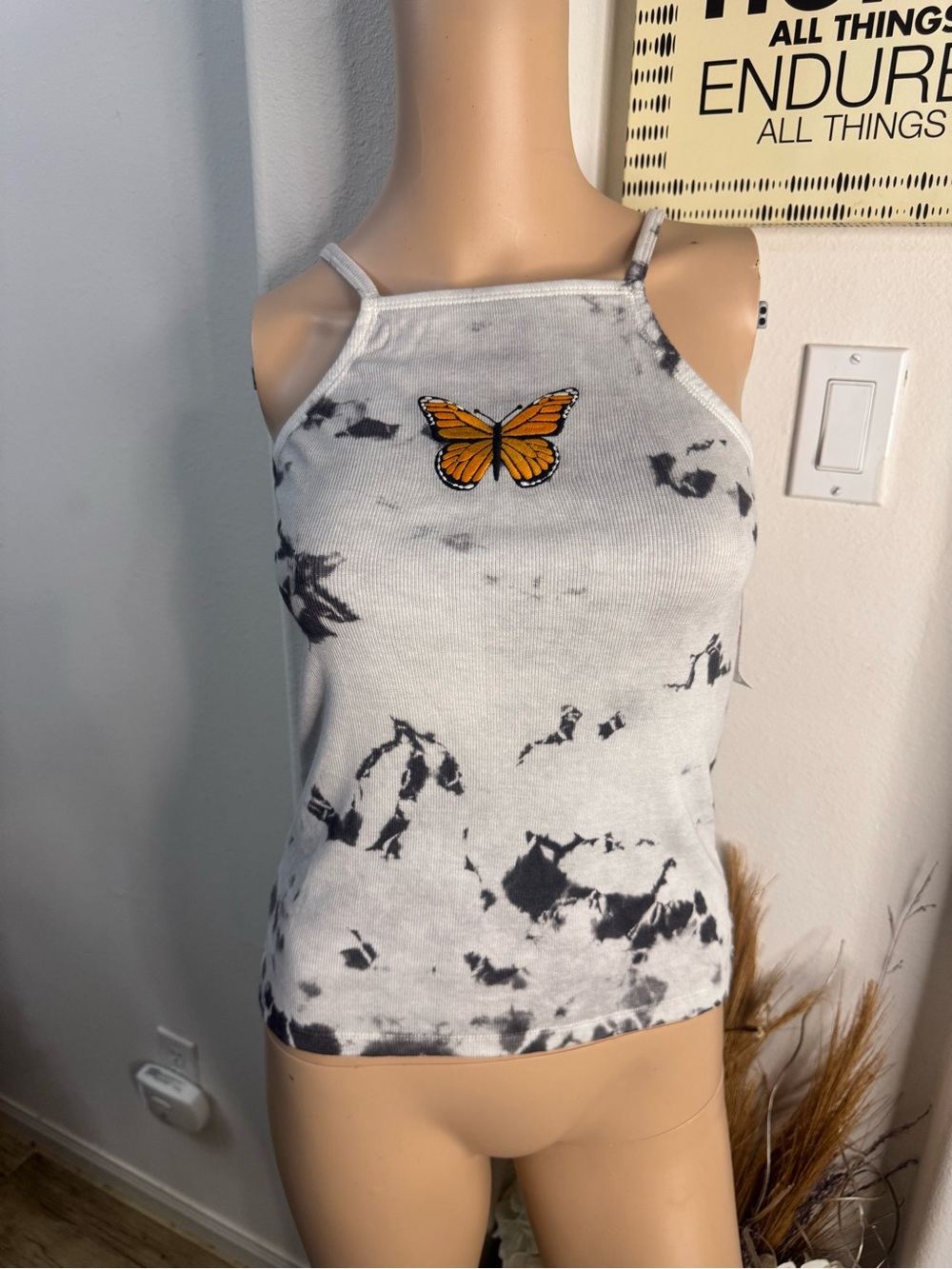 Treasure & Bond White Tie-Dye Tank with Orange Butterfly Patch